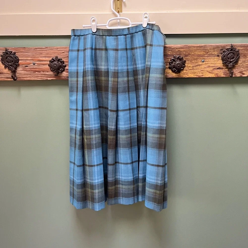 Pendleton Blue Brown Plaid Wool Pleated Midi Skirt Womens 12 Petite Made in USA